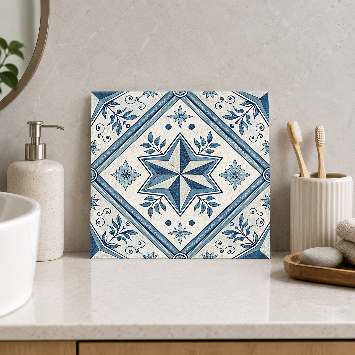 Blue Outlined Star with Leaf Sprigs Tile displayed in the bathroom tile mock-up