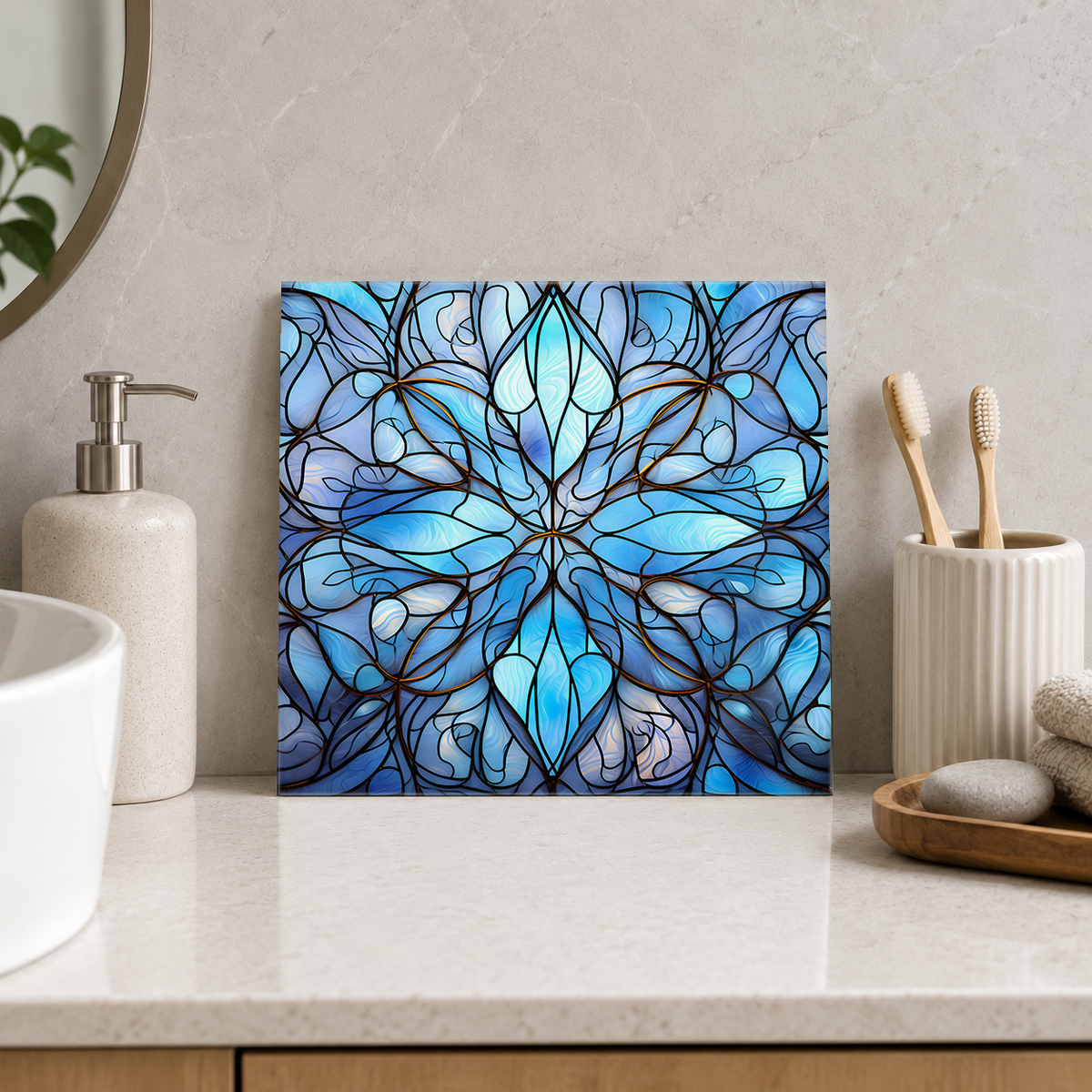 Blue Petal Cross and Fine Scrolls Tile displayed in the bathroom tile mock-up