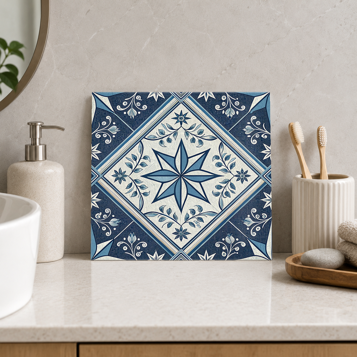 Blue Petal Star and Leaf Wreath Tile displayed in the bathroom tile mock-up