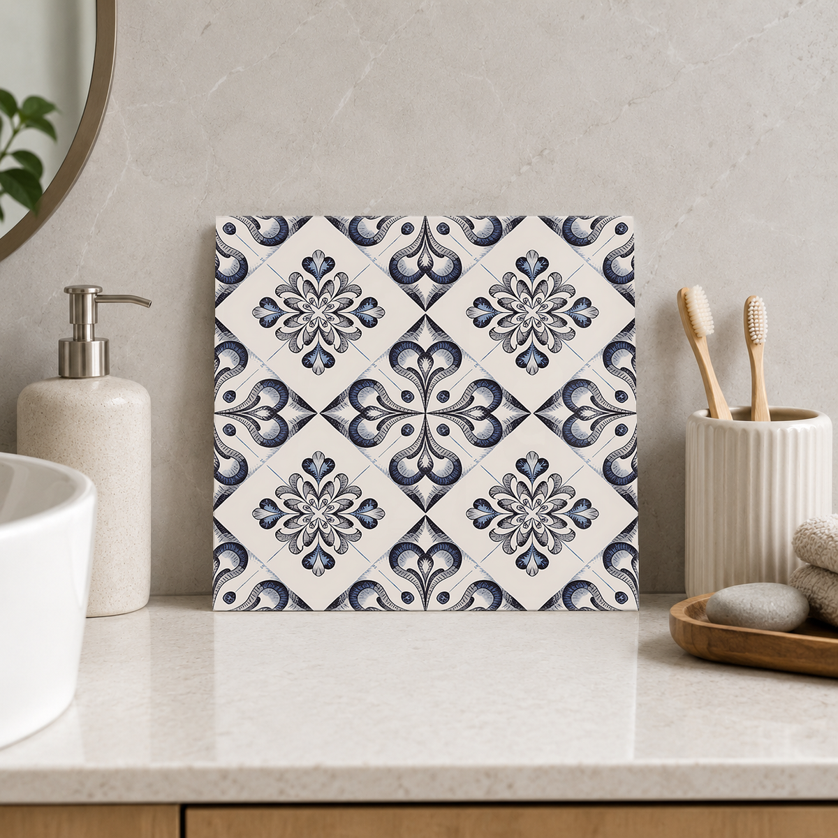 Blue Rosette and Fleur de Lis Tile displayed in the bathroom tile mock-up