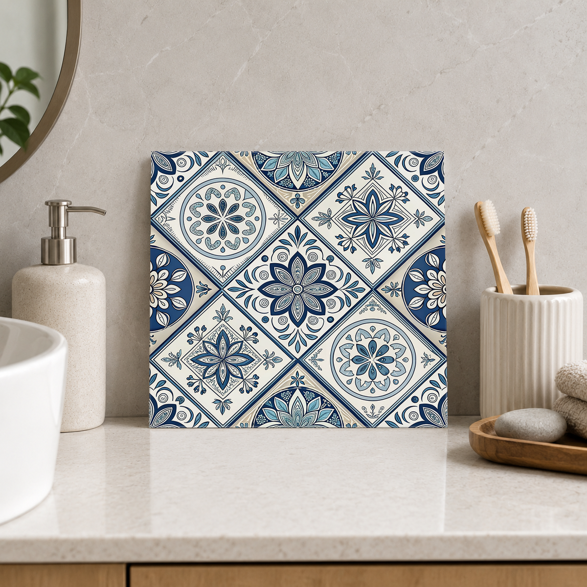 Blue Rosette and Leaf Star Diamonds Tile displayed in the bathroom tile mock-up