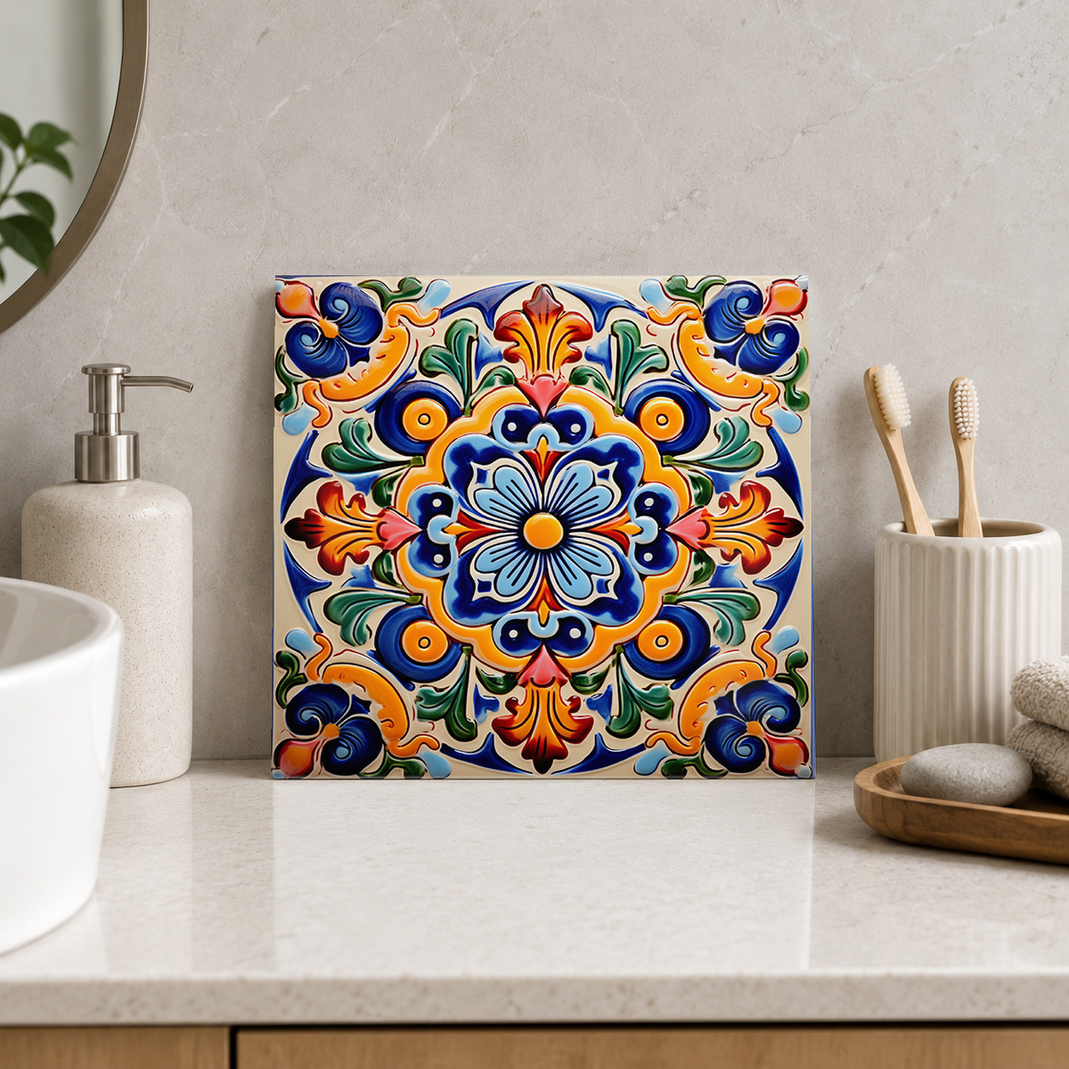 Blue Rosette and Rainbow Scrolls Tile displayed in the bathroom tile mock-up