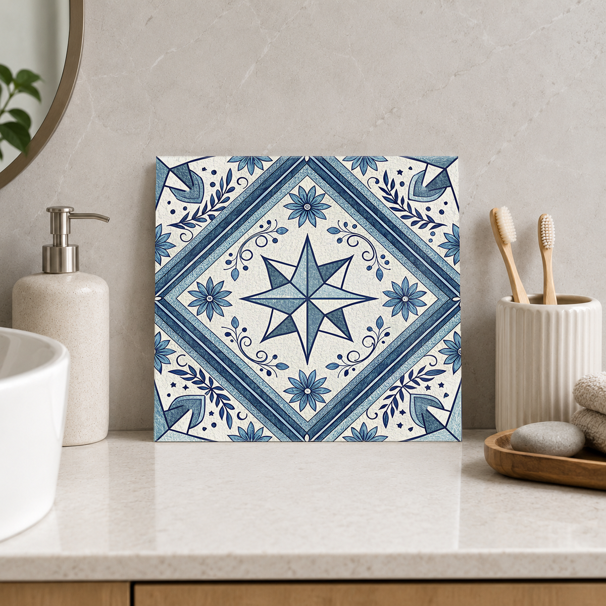 Blue Slender Star in Diamond Frame Tile displayed in the bathroom tile mock-up