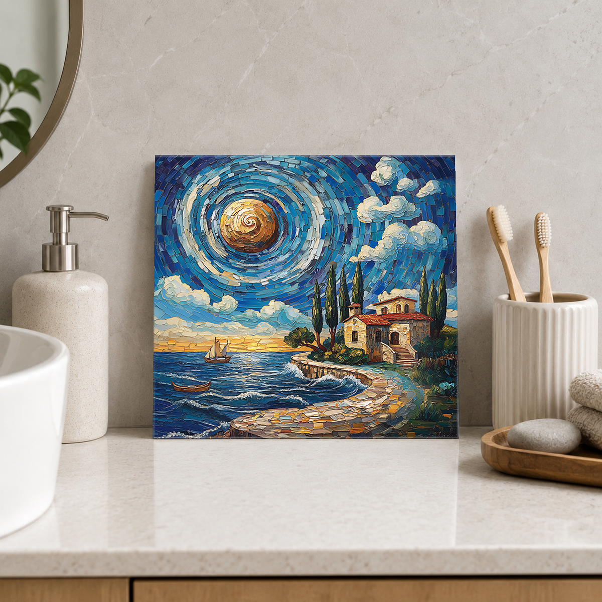 Blue Spiral Sky over Coastal Path Tile displayed in the bathroom tile mock-up