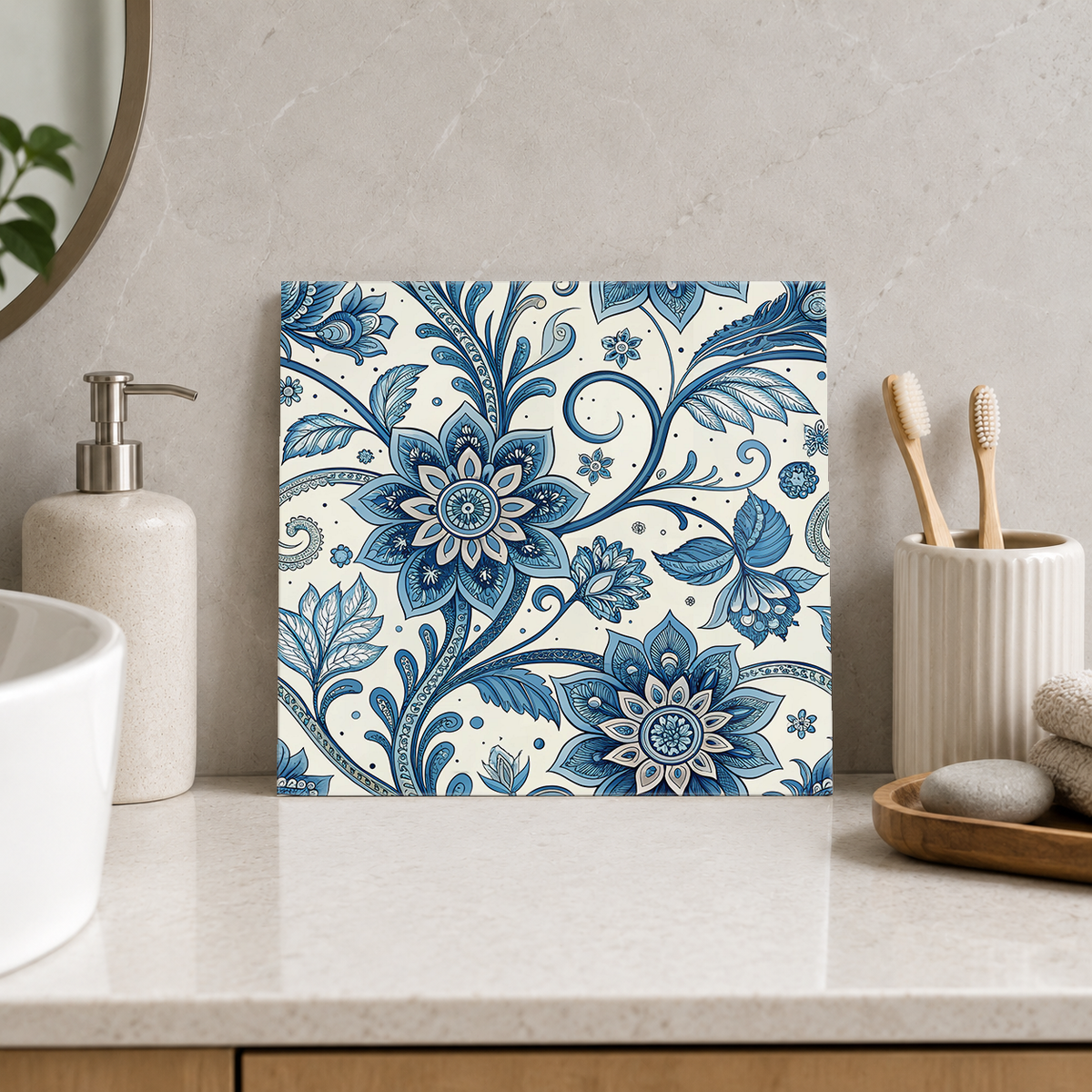 Blue Starflowers on Curling Vines Tile displayed in the bathroom tile mock-up