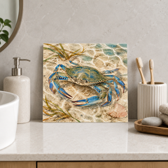 Blue Swimmer Crab ceramic decorative tile in Pop Color, shown in a room mockup
