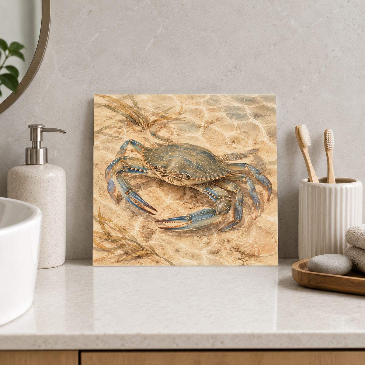Blue Swimmer Crab ceramic decorative tile in Warm Country, shown in a room mockup