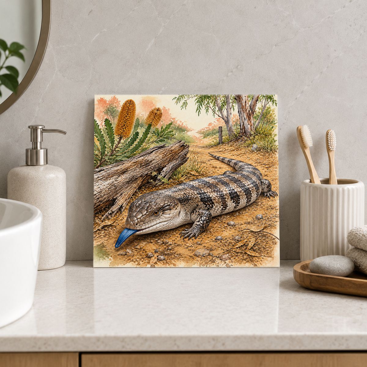 Blue-tongue Bush Track ceramic decorative tile in Pop Color, shown in a room mockup