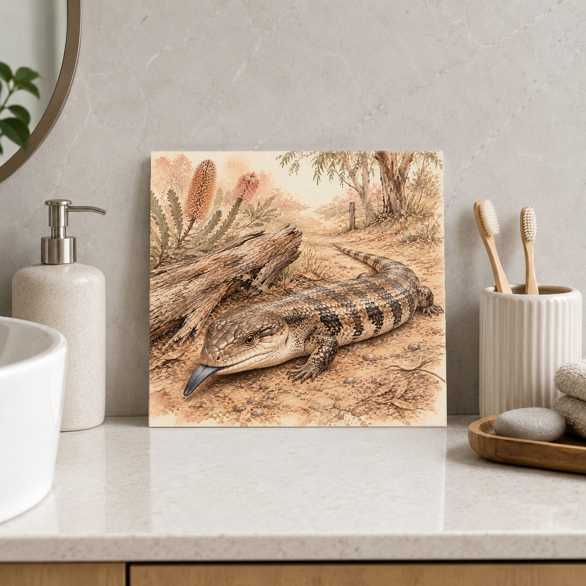 Blue-tongue Bush Track ceramic decorative tile in Warm Country, shown in a room mockup