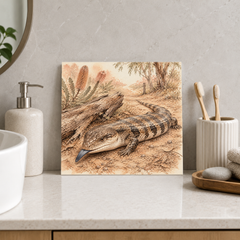 Blue-tongue Bush Track ceramic decorative tile in Warm Country, shown in a room mockup