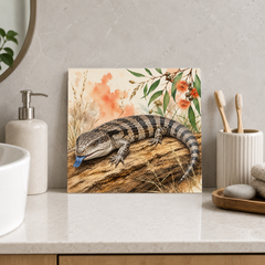Blue Tongue in the Sun ceramic decorative tile in Pop Color, shown in a room mockup