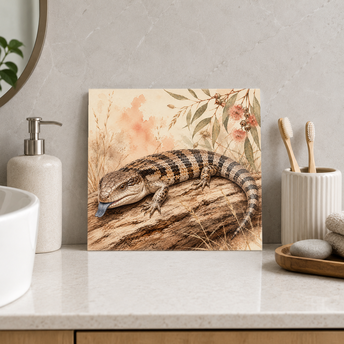 Blue Tongue in the Sun ceramic decorative tile in Warm Country, shown in a room mockup