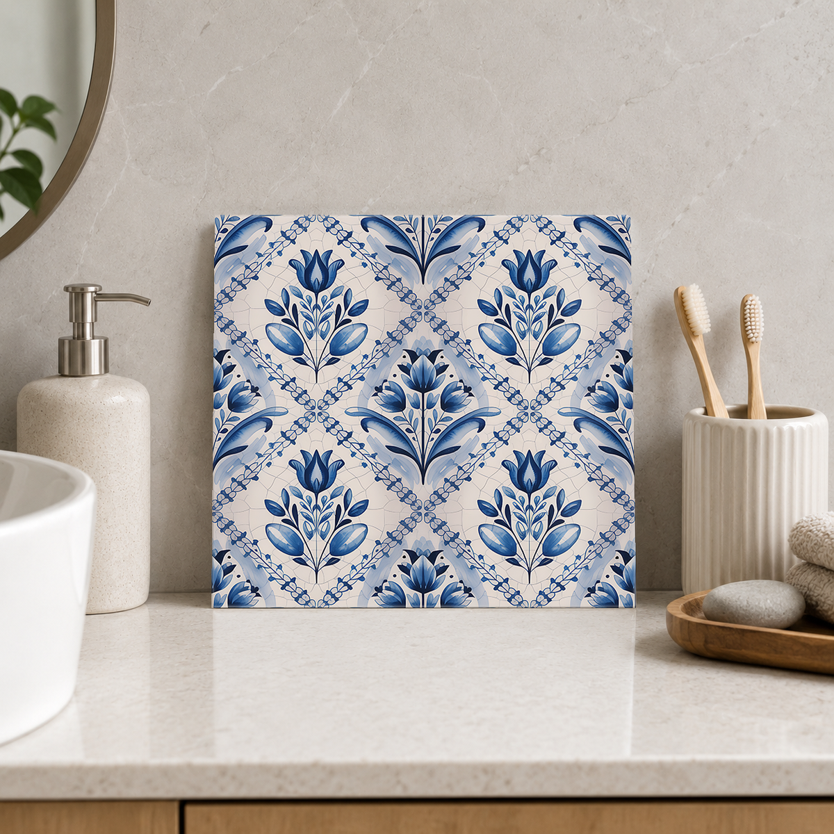 Blue Tulip Bouquet Trellis Tile displayed in the bathroom tile mock-up