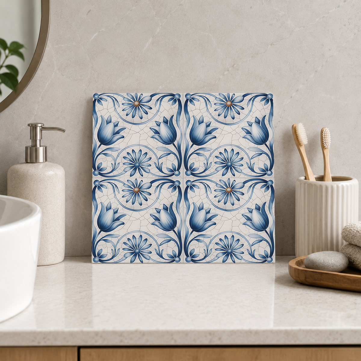 Blue Tulip Scroll Lattice Tile displayed in the bathroom tile mock-up