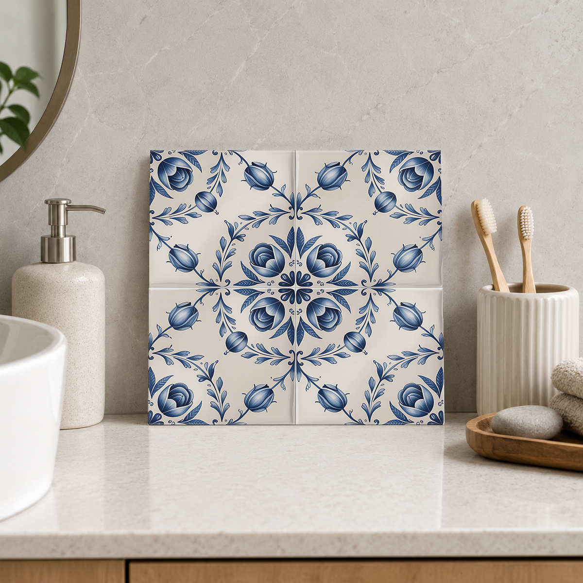 Blue Tulip Wreath Medallion Tile displayed in the bathroom tile mock-up