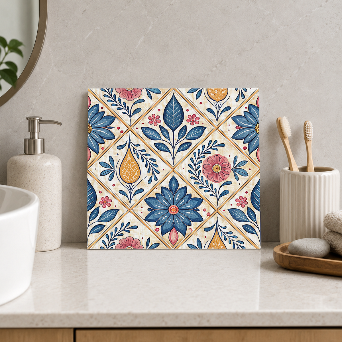 Blue Tulips and Coral Flower Diamonds Tile displayed in the bathroom tile mock-up