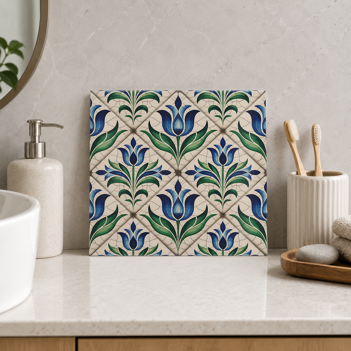 Blue Tulips and Green Leaves Tile displayed in the bathroom tile mock-up