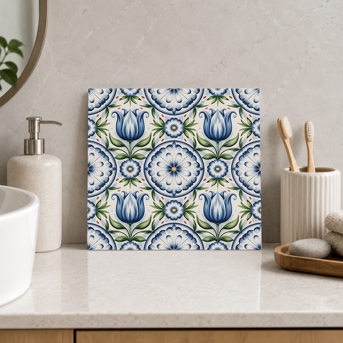 Blue Tulips and Round Daisies Tile displayed in the bathroom tile mock-up