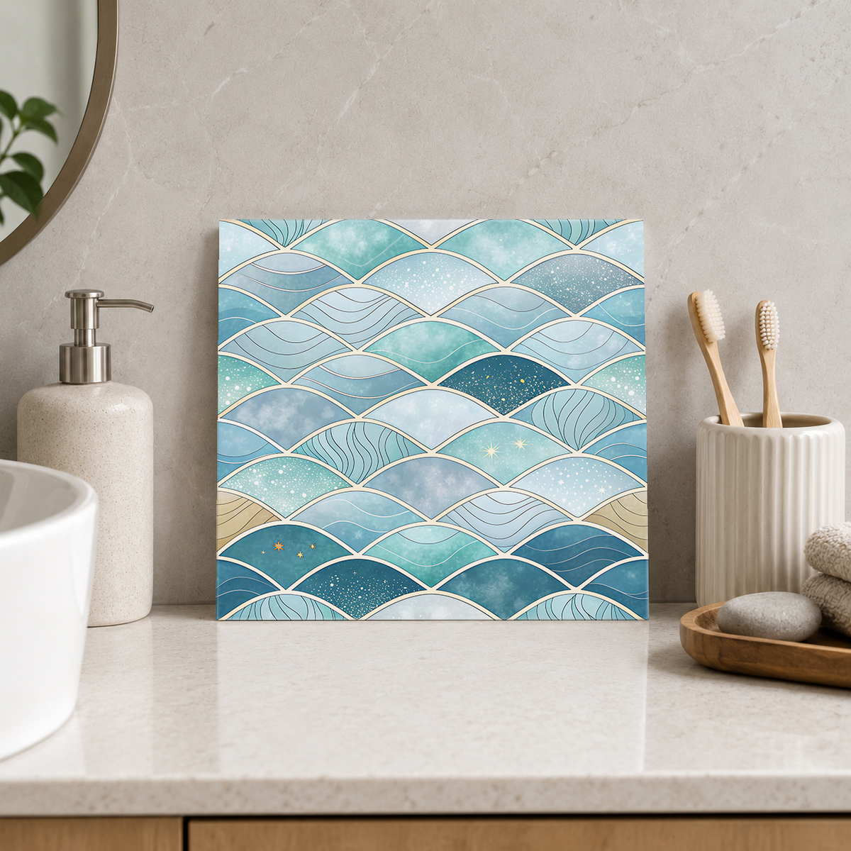 Blue Wave Scallops with Gold Lines Tile displayed in the bathroom tile mock-up