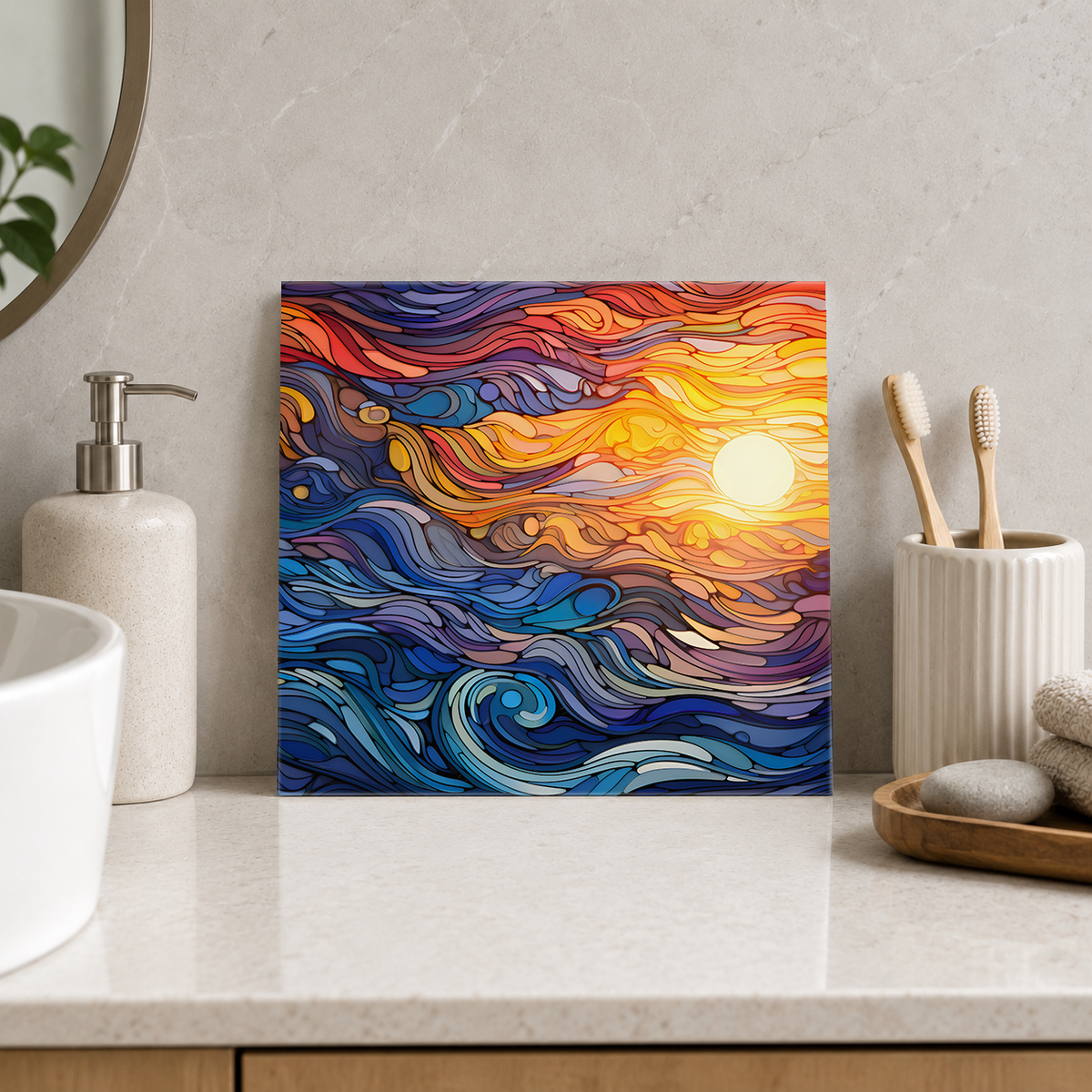 Blue Waves beneath Flowing Sunset Tile displayed in the bathroom tile mock-up