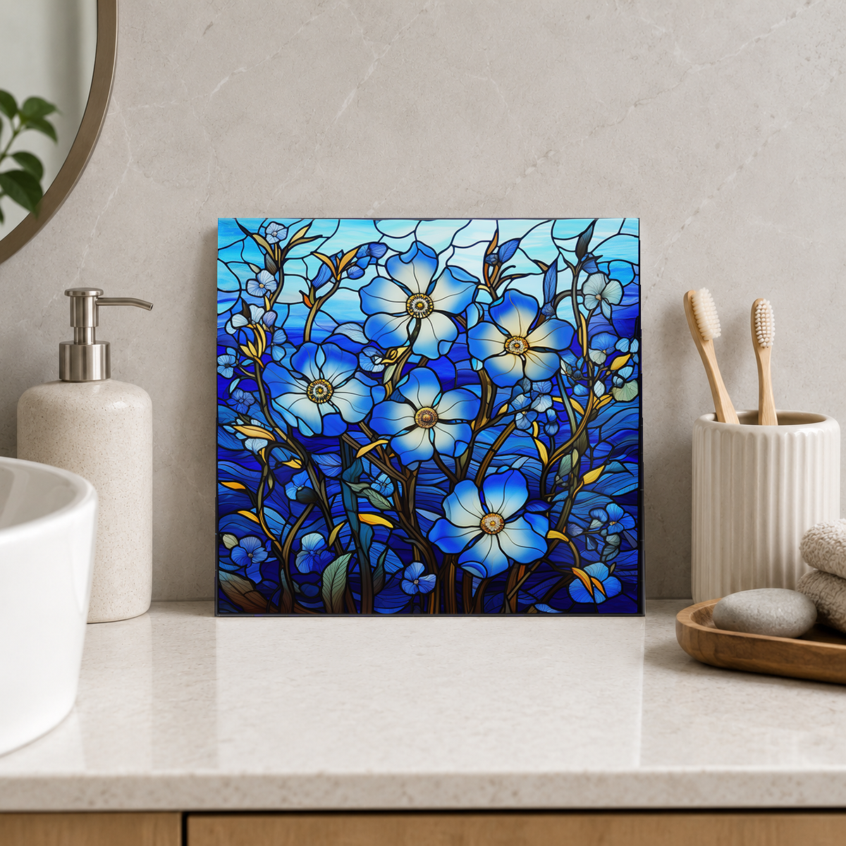 Blue Wildflowers with Glowing Centres Tile displayed in the bathroom tile mock-up