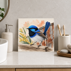 Blue Wren by the Shed ceramic decorative tile in Pop Color, shown in a room mockup