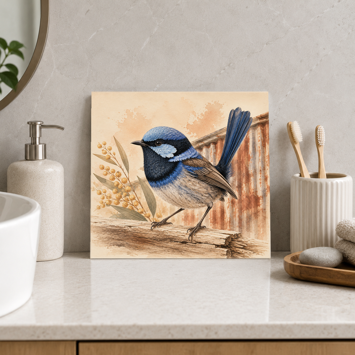Blue Wren by the Shed ceramic decorative tile in Warm Country, shown in a room mockup