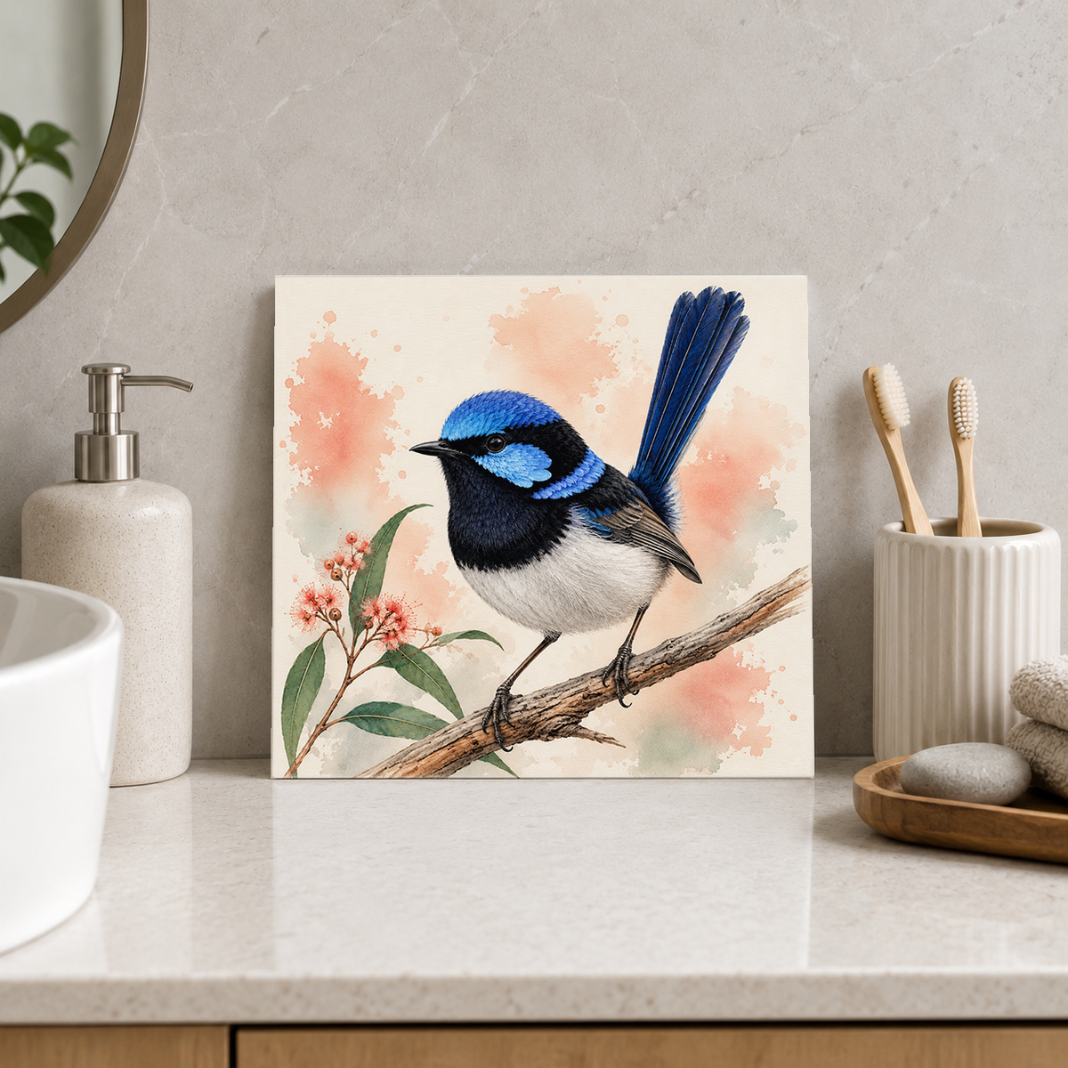Blue Wren on a Branch ceramic decorative tile in Pop Color, shown in a room mockup