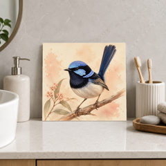 Blue Wren on a Branch ceramic decorative tile in Warm Country, shown in a room mockup
