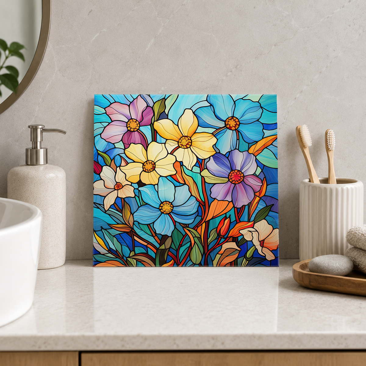 Blue Yellow and Purple Cosmos Tile displayed in the bathroom tile mock-up