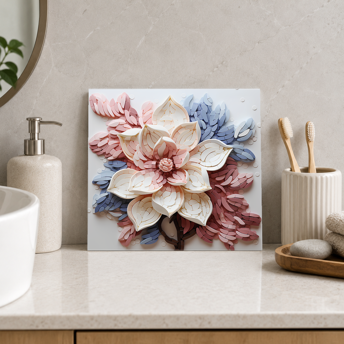 Blush and Ivory Floral Relief Tile displayed in the bathroom tile mock-up