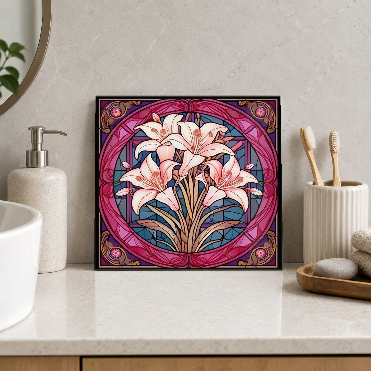 Blush Lily Bouquet in Plum Frame Tile displayed in the bathroom tile mock-up