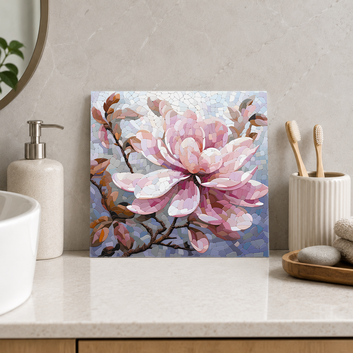 Blush Magnolia Branch Tile displayed in the bathroom tile mock-up