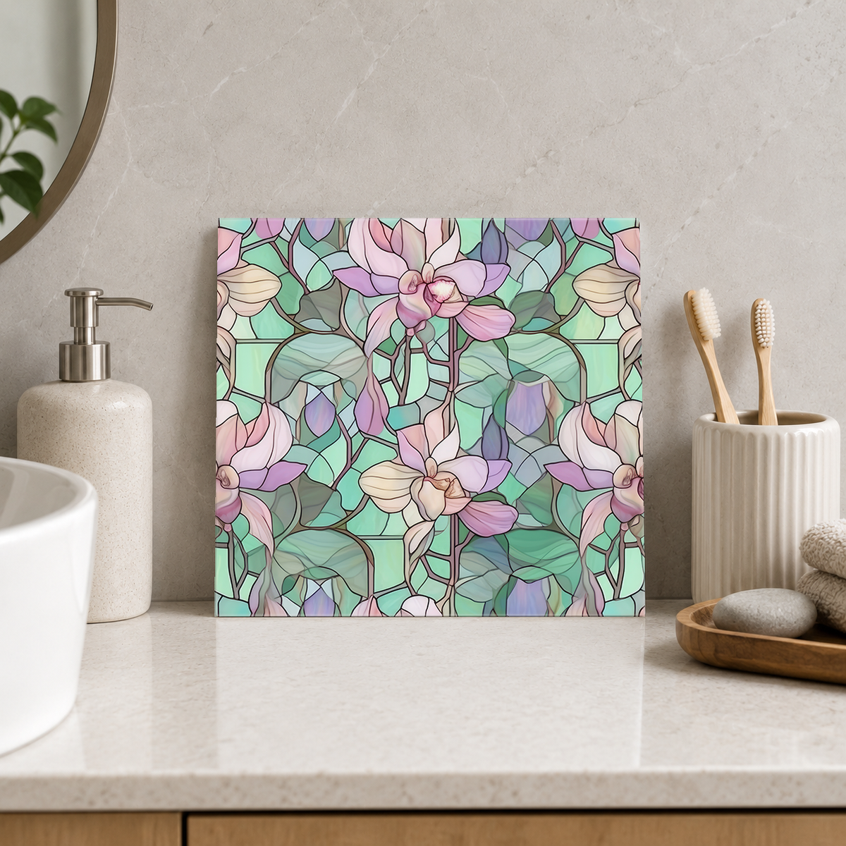 Blush Orchid Trellis Tile displayed in the bathroom tile mock-up