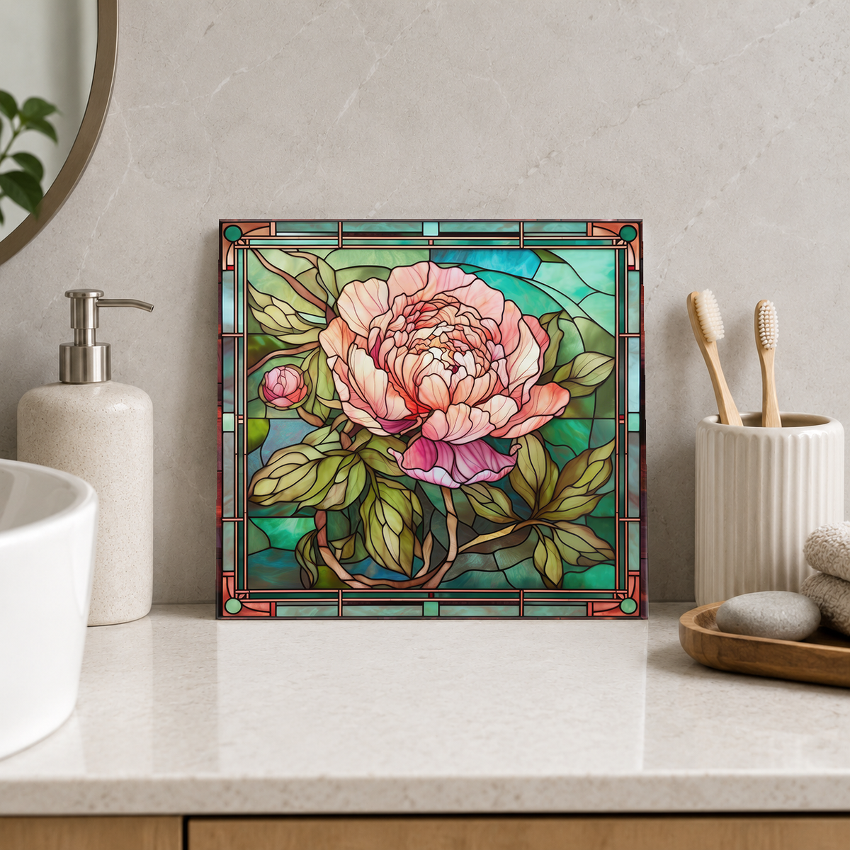 Blush Peony in Sage Frame Tile displayed in the bathroom tile mock-up