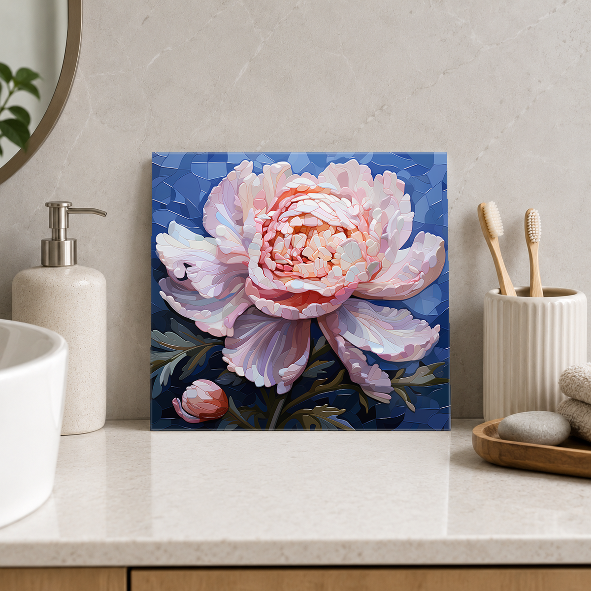 Blush Peony on Cobalt Tile displayed in the bathroom tile mock-up