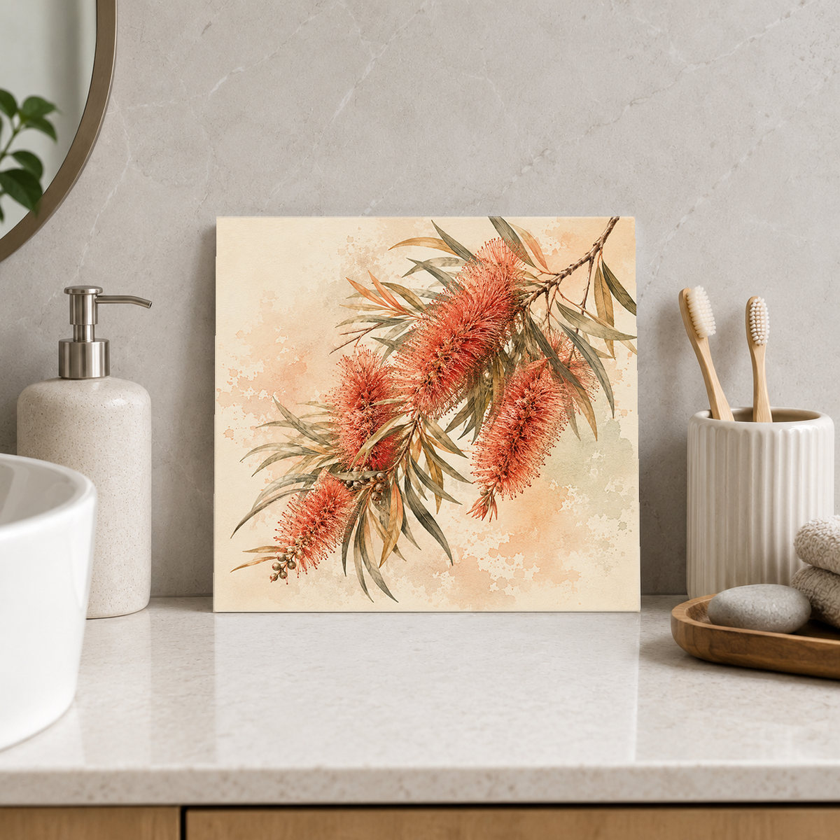 Bottlebrush ceramic decorative tile in Warm Country, shown in a room mockup