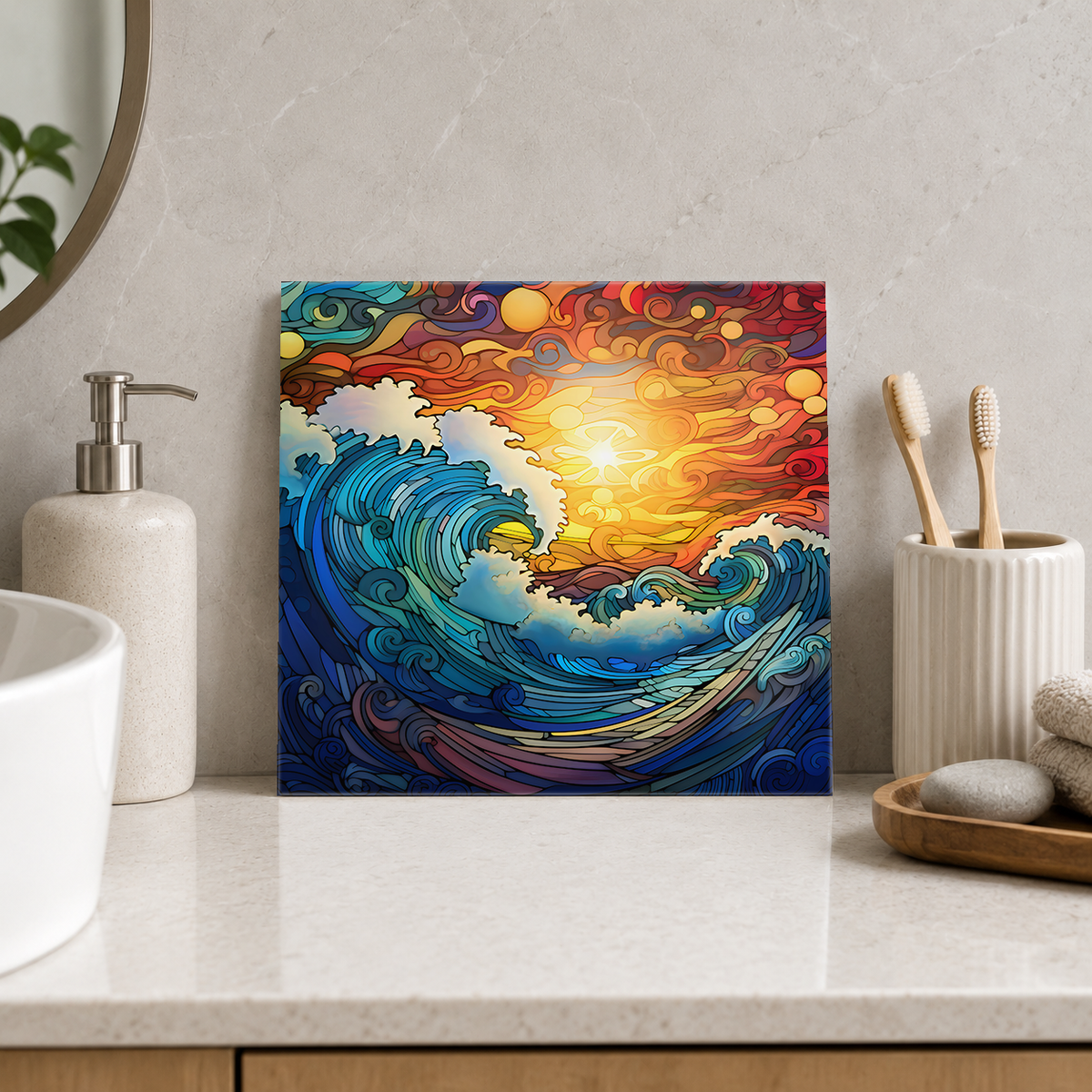 Breaking Wave beneath Amber Sky Tile displayed in the bathroom tile mock-up