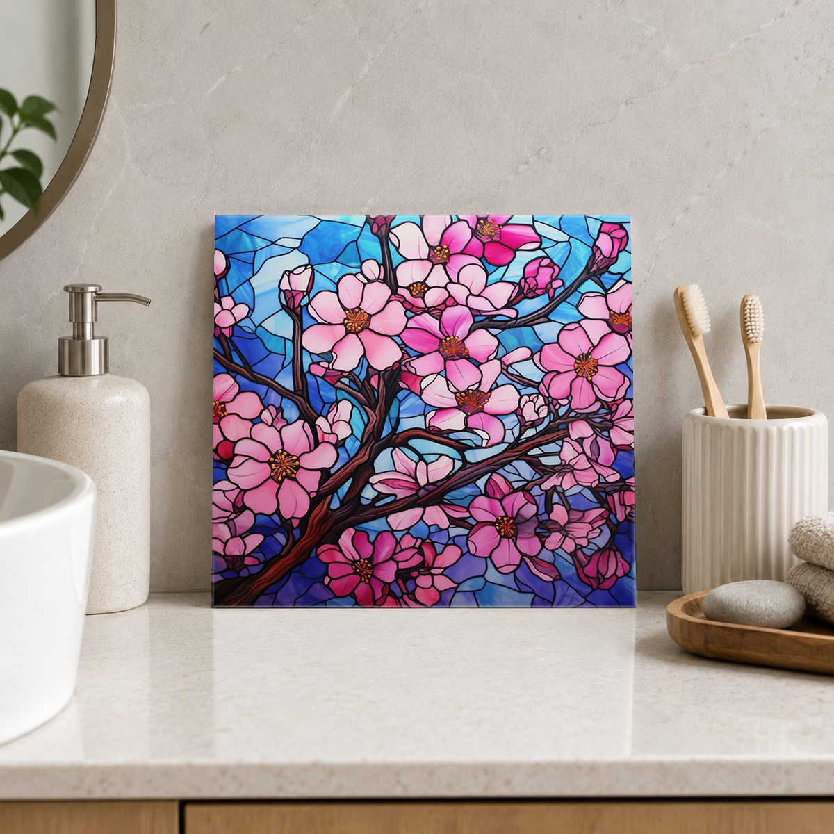Bright Pink Cherry Blossom Canopy Tile displayed in the bathroom tile mock-up