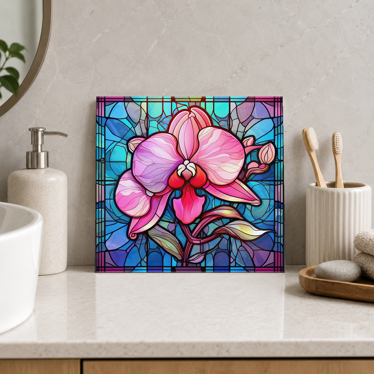 Bright Pink Orchid in Jewel Window Tile displayed in the bathroom tile mock-up