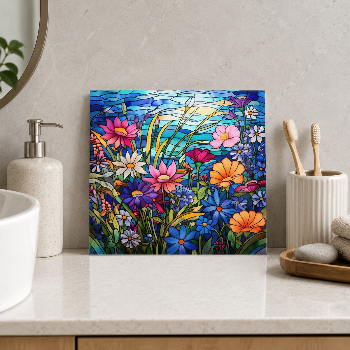 Bright Wildflowers beside Blue Water Tile displayed in the bathroom tile mock-up