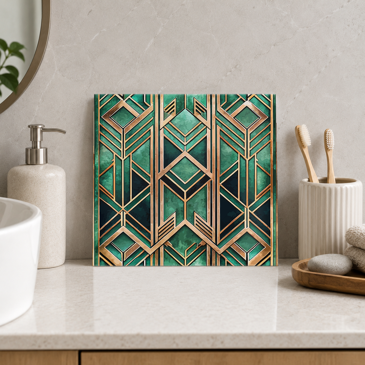 Bronze Diamond Columns on Emerald Tile displayed in the bathroom tile mock-up