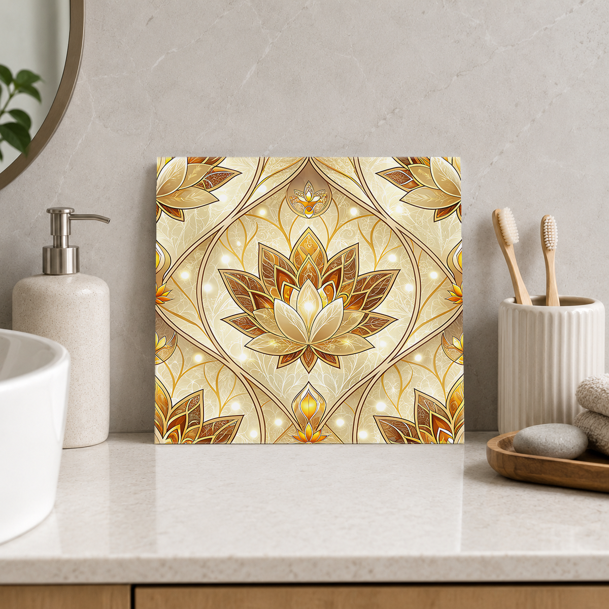 Bronze Lotus Ogee Tile displayed in the bathroom tile mock-up