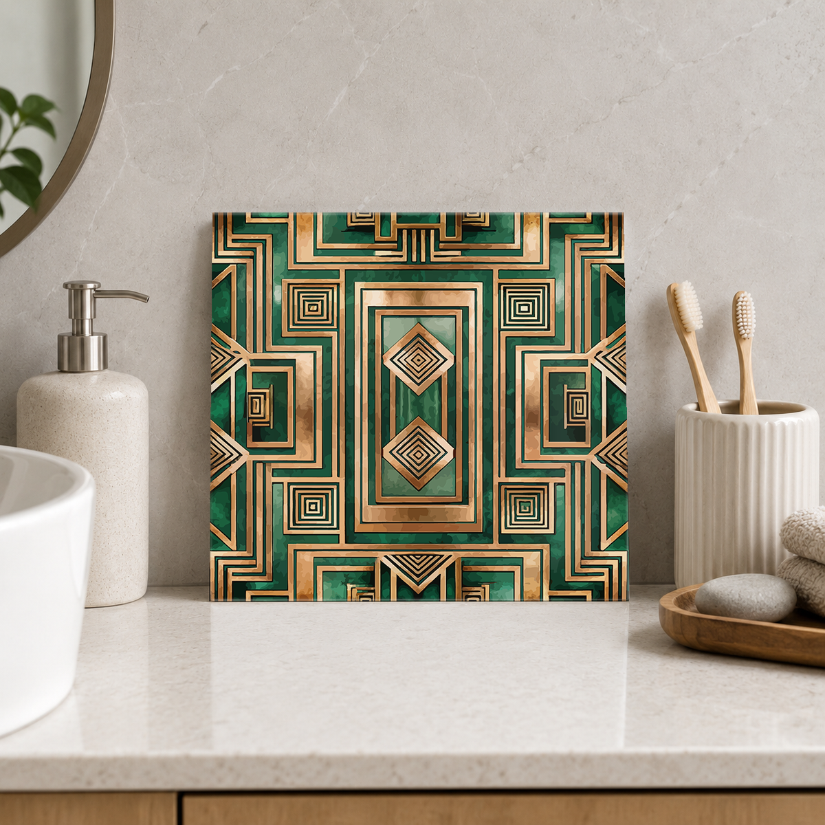 Bronze Rectangular Maze Tile displayed in the bathroom tile mock-up