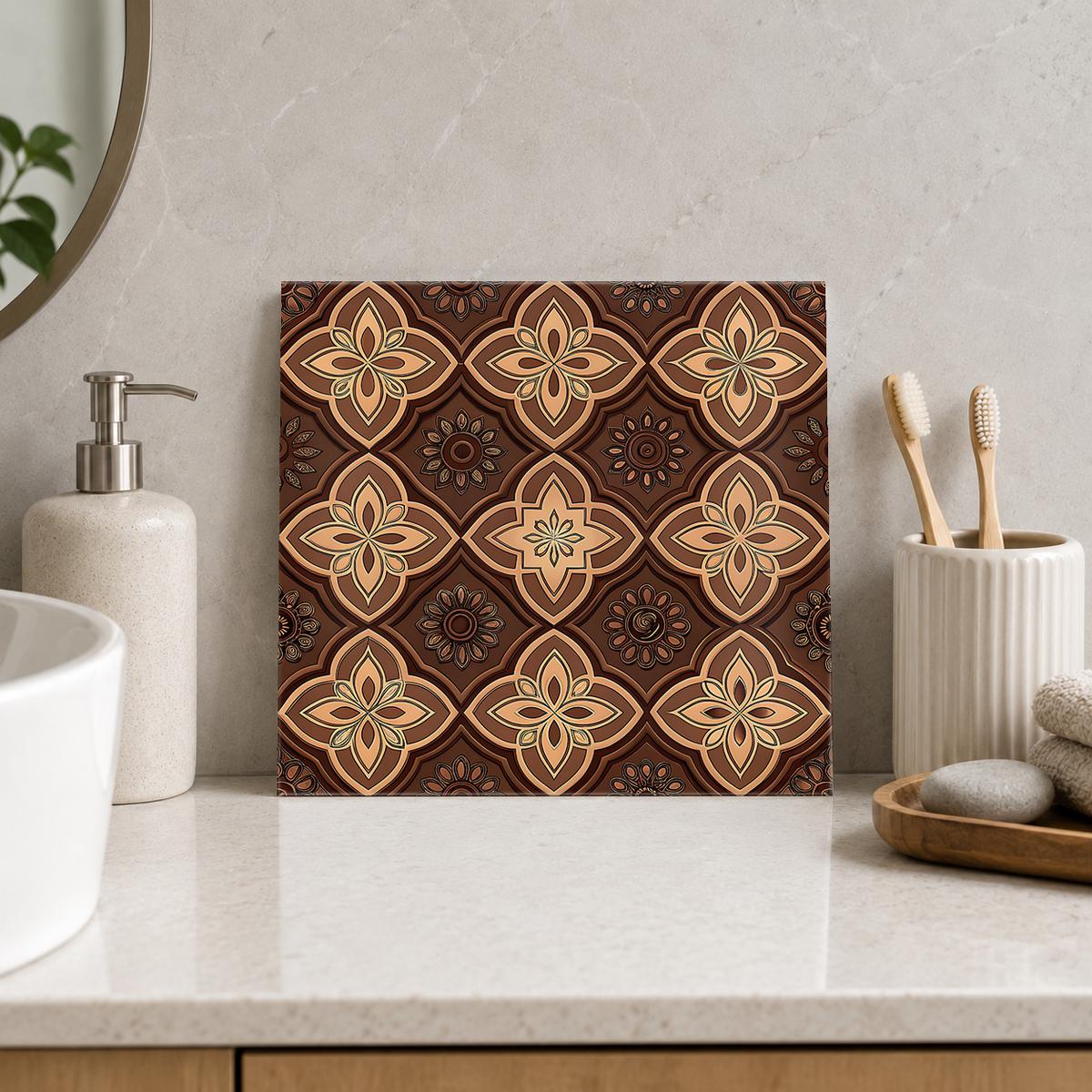 Brown and Caramel Floral Ogee Tile displayed in the bathroom tile mock-up