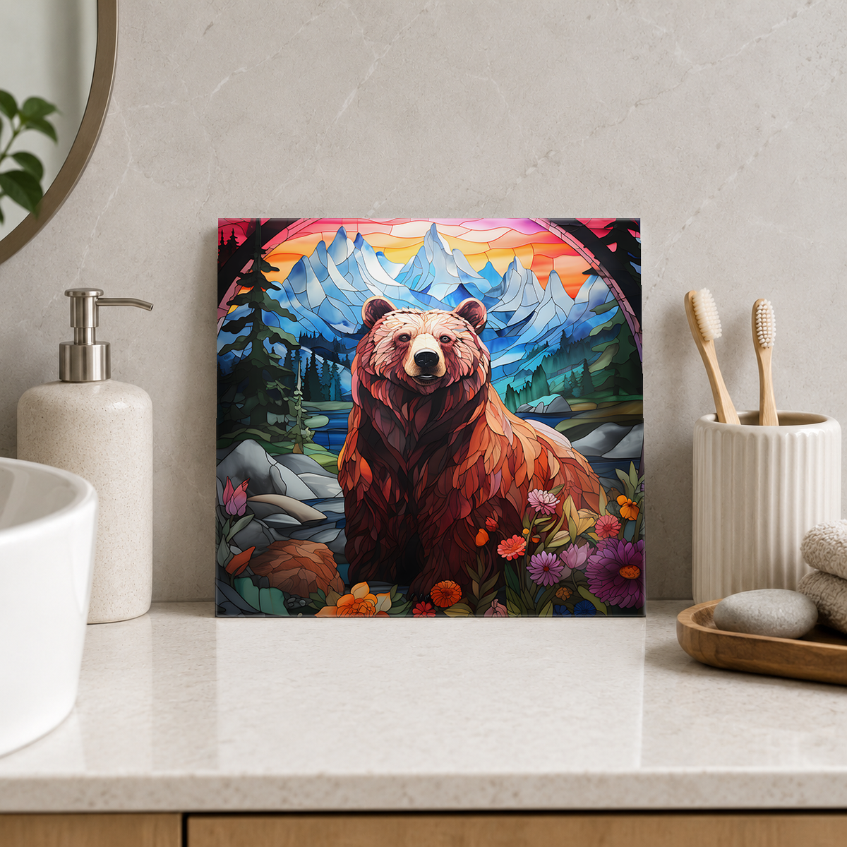 Brown Bear in Mountain Meadow Tile displayed in the bathroom tile mock-up