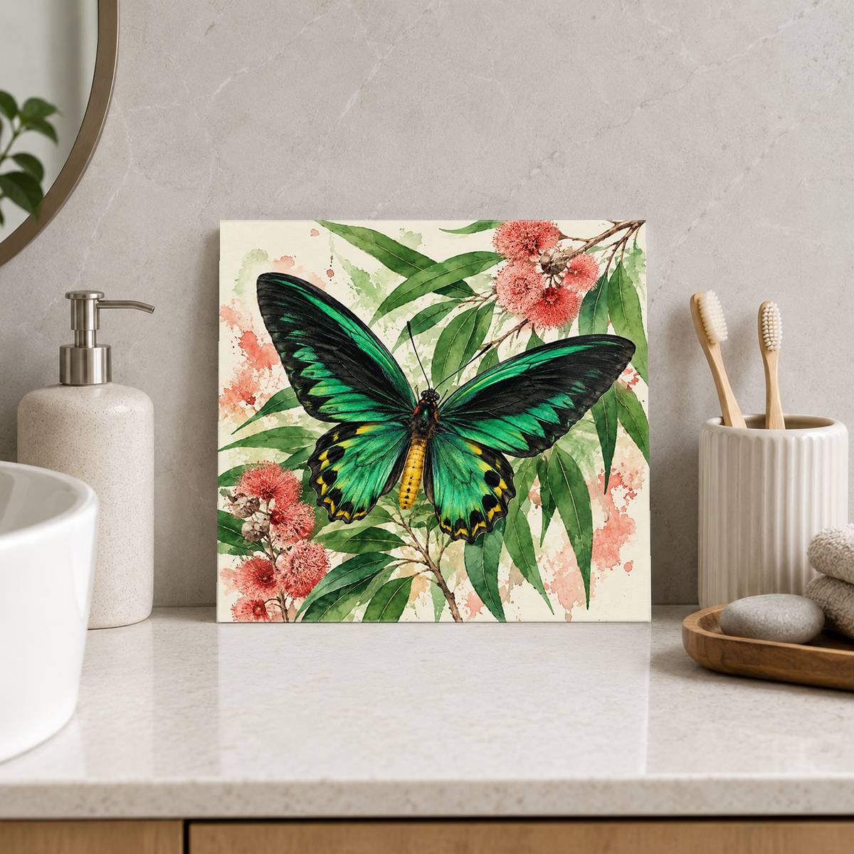 Cairns Birdwing ceramic decorative tile in Pop Color, shown in a room mockup