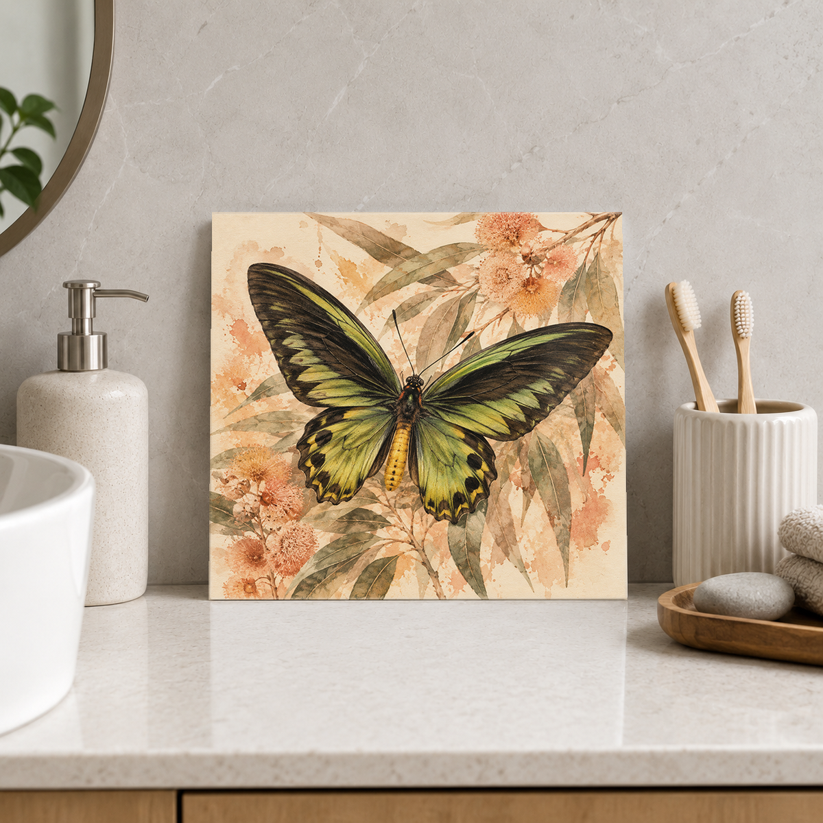 Cairns Birdwing ceramic decorative tile in Warm Country, shown in a room mockup