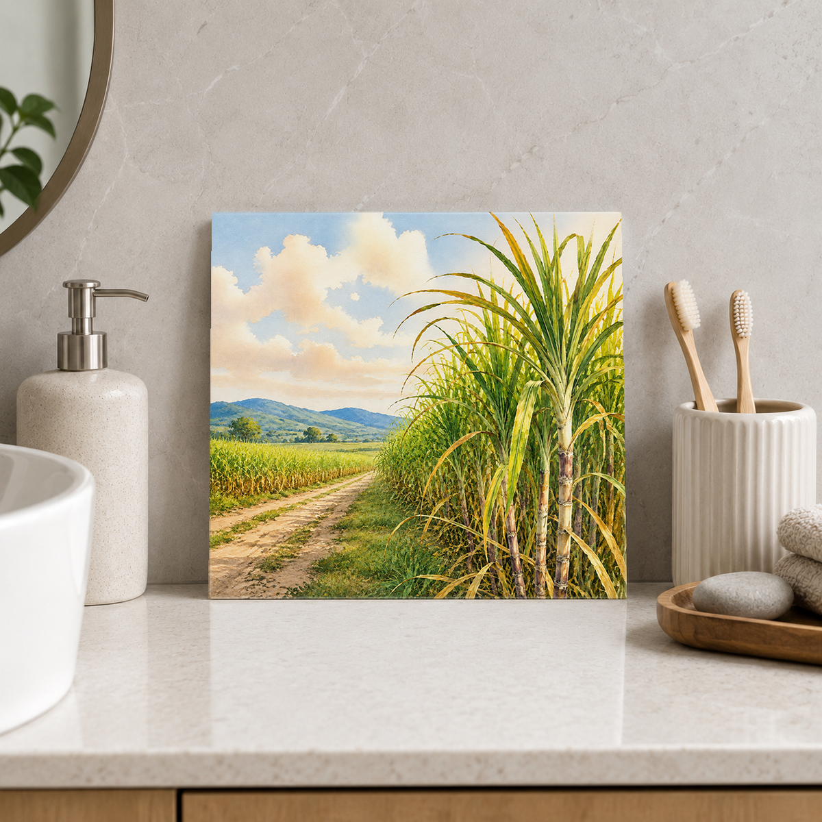 Cane Fields ceramic decorative tile in Pop Color, shown in a room mockup