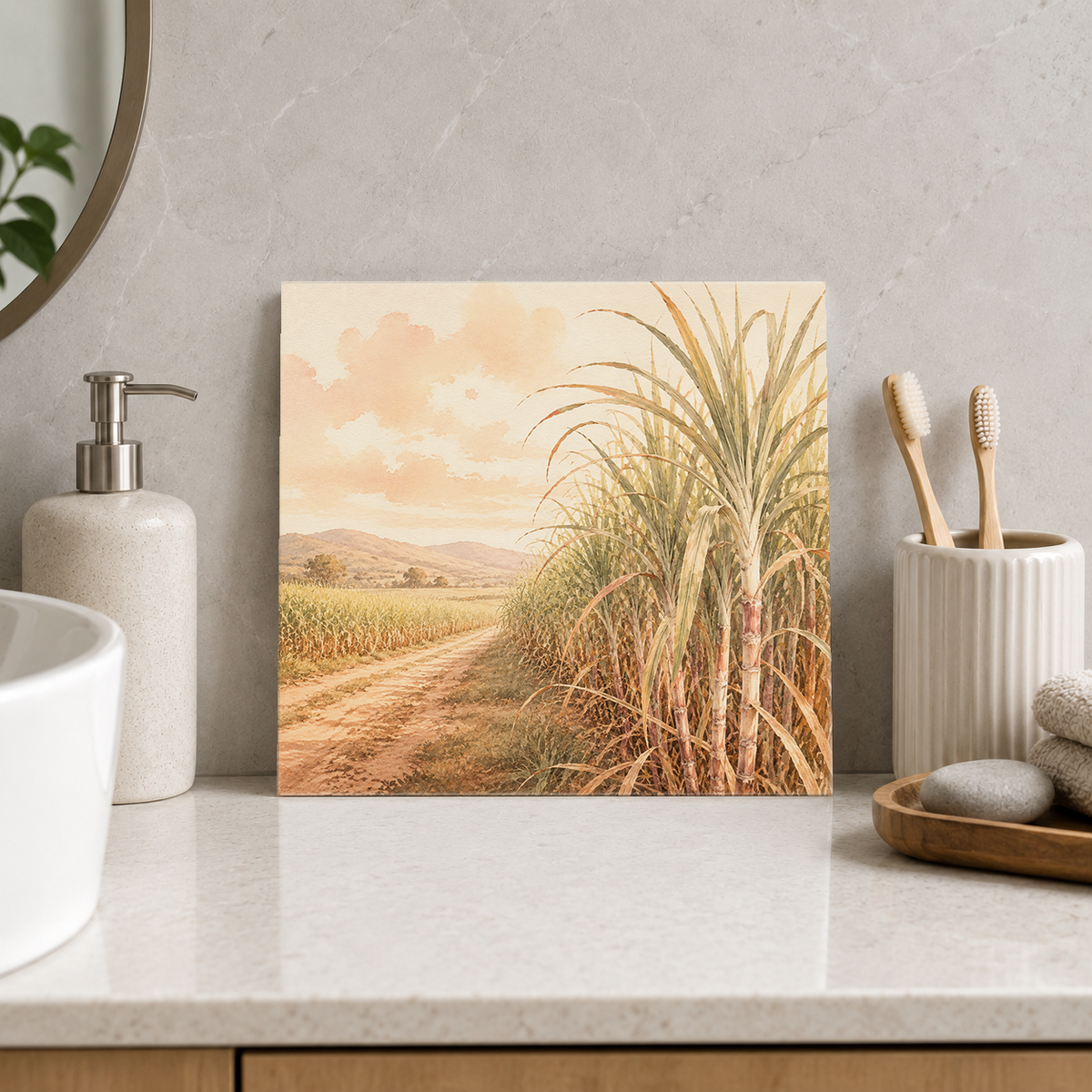 Cane Fields ceramic decorative tile in Warm Country, shown in a room mockup